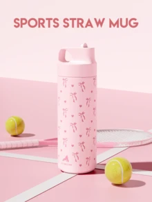 18盎司不锈钢保温水瓶，带图案，防漏便携旅行杯，带吸管，适合学校、健身房、办公室、户外活动，可盛装冷热饮品 - 粉紅色蝴蝶結 - 查看 4