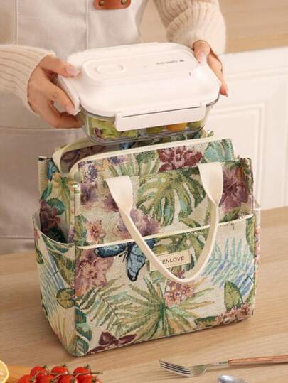 1pc New Large Capacity Thick Canvas Insulated Lunch Bag, Portable Lunch Tote, Printed Lunch Box Handbag, Thermal Dinner Bag, Cute Lunch Fruit Bag, Work Portable Food Container Bag, Aluminum Foil Insulated Lunch Box, Zipper Half-Enclosed Opening, Suitable For Lunch, Picnic, Work And Other Occasions.