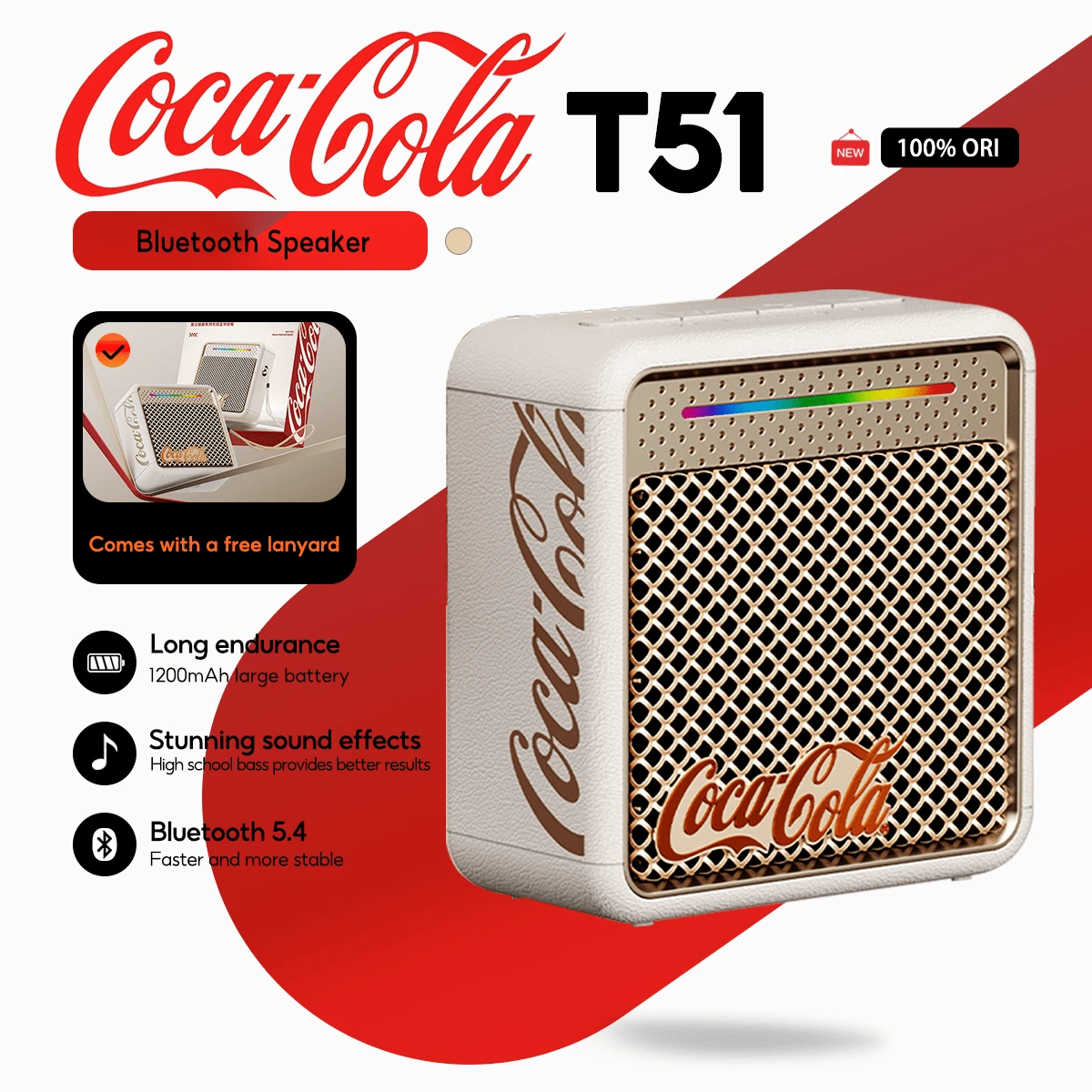Coca Cola Altavoz Bluetooth 5.4 Mini para exteriores con calidad de sonido HiFi - Beis - Ver 1