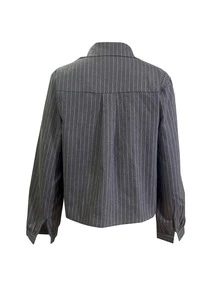 女士时尚条纹长袖纽扣前开襟涤纶衬衫，带领，春季款 - 灰色 - 查看 2