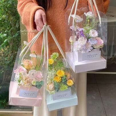 1/2/3/6 piezas Caja de regalo con flor de rosa, caja de flores transparente con asa, con papel de forro y bolsa portátil, adecuada para cumpleaños, Día de San Valentín, Día de la Madre y otros festivales, empaque ideal para floristerías