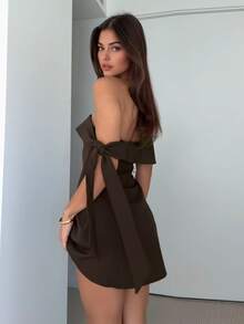 Elegant Off-Shoulder High Waist Bodycon Dress, Fashion Casual Cocktail Party/Dating Dress, Summer Dress For Women - Brown - View 1