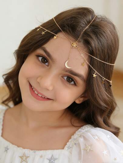 1 pieza Cadena de frente de cristal redonda estilo bohemio dorada de moda, cadena para el cabello, cadena elegante de estrella y luna para adolescentes, accesorio para el cabello, adecuado para fiestas y uso diario, adecuado para adolescentes, regalo de joyería, accesorio para el cabello