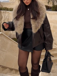 2026 Fall Winter Patchwork Faux Fur Collar PU Women Jackets Fashion Brown Elegant Christmas New Year Ladies Warm Coats Chic Turndown Collar Casual Women Coats - Brown - View 9