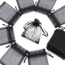 50pcs Black/White Organza Drawstring Bags, Gift Packaging Bags, Jewelry Storage Pouches - Black - View 4