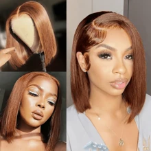 ZHENDEFA 13X4 High Definition Transparent Lace Front Wig, Chocolate Brown Bob Wig, Ready-To-Wear, No Glue, Real Human Hair, Pre-Plucked, Women - S4 - View 2