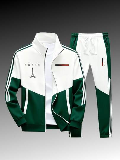 Men's And Women's Paris Logo Sportswear Sets - Oversized Casual Sportswear Jackets & Jogging Pants, All-Season Gym & Casual Wear, Color Contrast Matching, Unisex Matching, Geometric Print Design, Stand-Up Collar, Zipper Jacket&Spring/Fall  Summer    Regular Fit    Pocket  Zipper  Button Front    Halloween