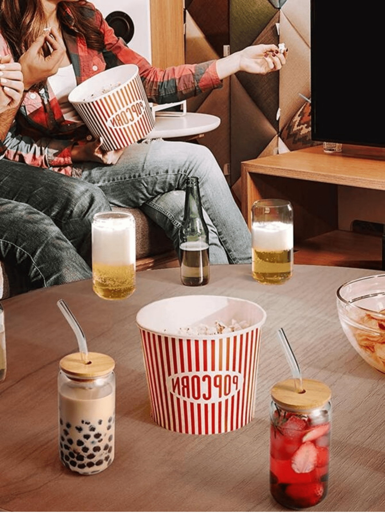 1个高硼硅玻璃水杯，带盖和吸管，可乐杯，带盖梅森罐 - 彩色 - 查看 2