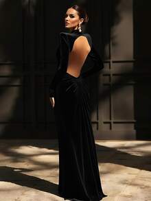 Elegante vestido largo de fiesta con volantes asimétricos/asimétricos sin espalda, sexy y sofisticado - Negro - Ver 5