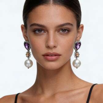 ファッショナブルなラグジュアリーガラスクリスタル&フェイクパールピアス 1ペア、パーティー、ギフト、祭り、日常着に適しています