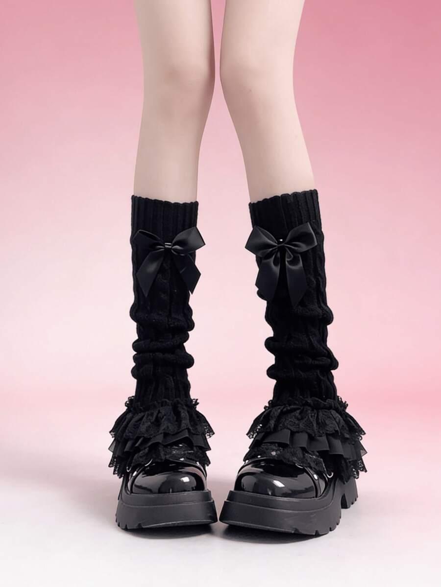 1 đôi tất giữ ấm chân ren xếp ly thắt nơ đen/trắng, kiểu Lolita mới mùa đông. - Nhiều màu - Xem 1