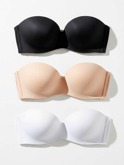 Kit 3 Sutiãs Bustiê Invisível para Decotes Preto Bege Branco Reforçado com Bojo