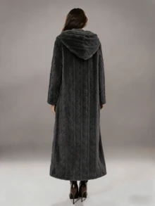 Beige Faux Fur Cable Knit Long Coat, A Fashion - Forward & Warm Hot Outfit Crafted With Premium Fuzzy Material, Boasting A Flowy Longline Silhouette And Classic Cable Knit Pattern, Ideal For Adding Elegant Winter Style By Pairing With Sweaters Or Blouses In  Define Jacket  Sports Jacket  Ski Clothes Women  Zip Up Jackets  Fitted Jacket  Winter Coat For Women  Abrigos De Invierno Para Mujer  Women's Winter Clothing Of Women's Winter Clothing Women's Winter Fashion Women's Winter Promotion Of Women's Winter Clothing Christmas  Ugly Christmas Sweater Women Curve - 灰色 - 查看 2