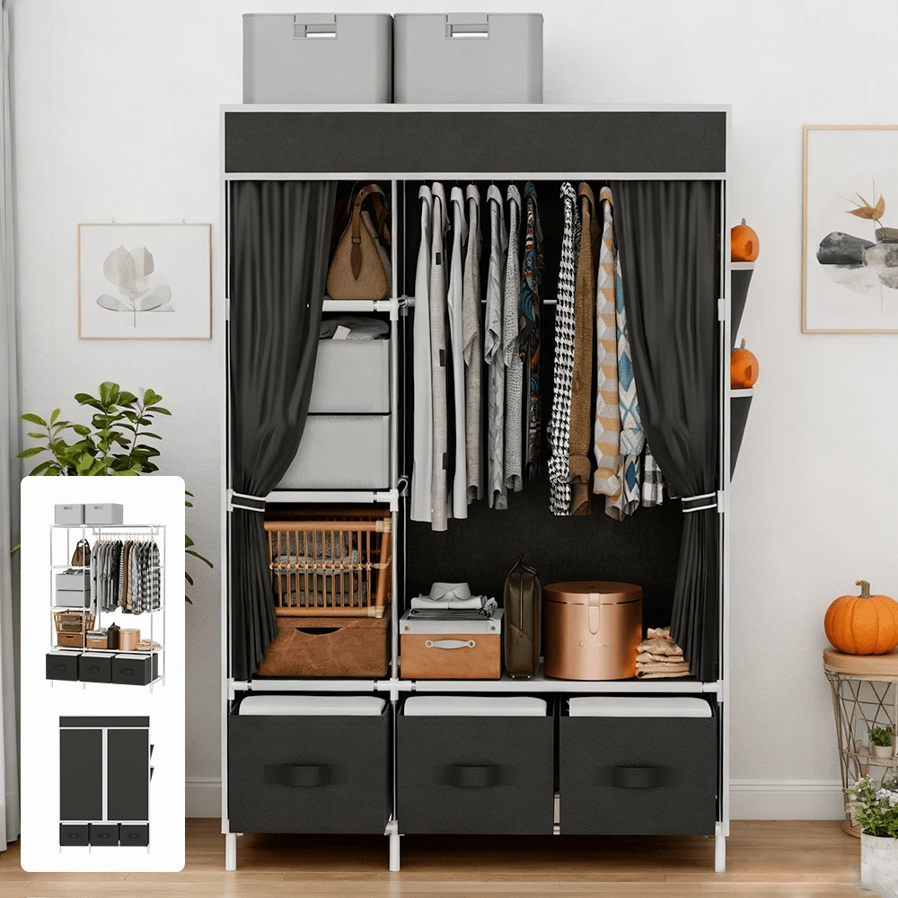 Lislark Portable Closet Storage Organizer Clothes Wardrobe Shoe Clothing Rack Shelf Dustproof Non-Woven Fabric - Black - View 1