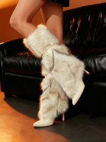 Women's Fold Over Boots Fashion Knee High Boots Wide Calf Furry Long Boots With Chain Pointed Toe Stiletto High Heel Dress Party Sexy Tall Boots - 杏色 - 查看 5