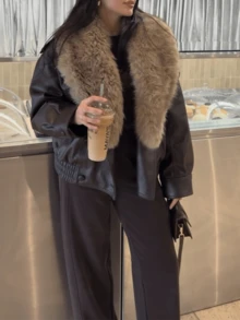 2026 Fall Winter Patchwork Faux Fur Collar PU Women Jackets Fashion Brown Elegant Christmas New Year Ladies Warm Coats Chic Turndown Collar Casual Women Coats - Brown - View 11