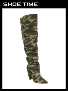 Metallic Pointed Toe Thigh High Boots Nano-2 Liliana - Camouflage - View 4
