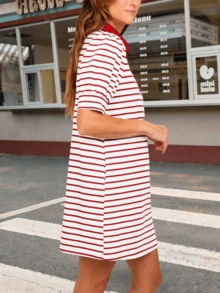 Women's Casual Puff Sleeve Polo Dress Summer Lapel Collared V Neck Striped T Shirt Dress With Pockets - 紅色 - 查看 3