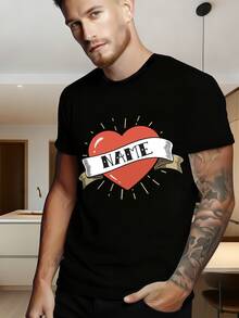 1pc Men's Custom Name-Printed Heart Graphic Black Regular Fabric Personalized Styling Retro T-Shirt Suitable For Daily Casual & Valentine's Day Occasions - Multicolor - View 3