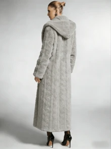 Beige Faux Fur Cable Knit Long Coat, A Fashion - Forward & Warm Hot Outfit Crafted With Premium Fuzzy Material, Boasting A Flowy Longline Silhouette And Classic Cable Knit Pattern, Ideal For Adding Elegant Winter Style By Pairing With Sweaters Or Blouses In  Define Jacket  Sports Jacket  Ski Clothes Women  Zip Up Jackets  Fitted Jacket  Winter Coat For Women  Abrigos De Invierno Para Mujer  Women's Winter Clothing Of Women's Winter Clothing Women's Winter Fashion Women's Winter Promotion Of Women's Winter Clothing Christmas  Ugly Christmas Sweater Women Curve - 杏色 - 查看 4