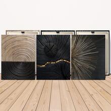 3幅装裱2D平面现代黑金棕色纹理墙画，树木年轮螺旋天然帆布海报，艺术墙饰礼品，北欧风格画作，适用于客厅、卧室、餐厅、走廊、家居和宿舍装饰