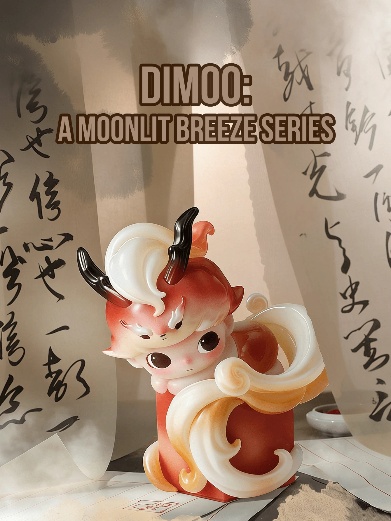 POP MART DIMOO 月光微风系列盲盒收藏品，包含12款常规版和1款隐藏版，灵感源自中国古典诗歌，以冬季为主题，融合中国美学和文学元素，例如春暖花开、雪中情意、屋檐守护神等，其中隐藏版为“醉意”。这款艺术装饰系列是DIMOO粉丝、盲盒收藏家和艺术爱好者的理想之选，也是冬季、生日、节日和圣诞节的完美礼物。