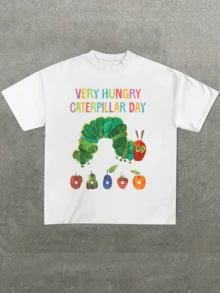 Eric Carle's CaterpillarS-Themed Graphic Tee,Casual Digital Print Pure Heavy Cotton T Shirt,220g Cotton T-Shirt,Gift,Summer,Unisex - 白色 - 查看 1