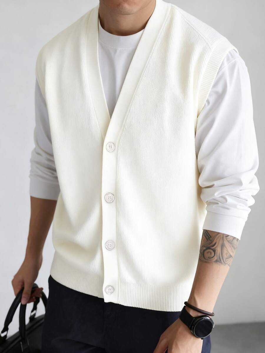 V-Neck Button Front Casual Solid Color Men Sweater Vests - White - View 1