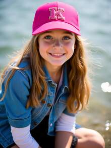 1顶儿童26字母个性化姓名印花遮阳帽棒球帽男女童可调节后扣户外休闲遮阳帽 - 玫紅色 - 查看 3