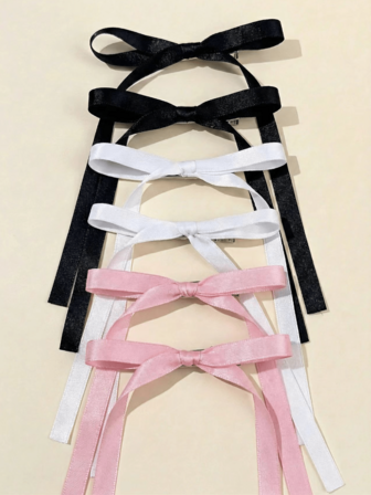 6 piezas Lazos de cinta larga para el cabello de mujeres y niñas, Pinzas para el cabello con lazo de satén y colas largas, Accesorios para el cabello tipo barrette francesa, Moños de seda lindos para coletas, Atuendo de invierno para mujeres, Lazos, Lindos, Elegantes, Accesorios para el cabello Pinzas para el cabello (Lazo negro, Lazo blanco, Lazo rosa), Pinzas de garra, Pasadores para el cabello, Barrettes para el cabello