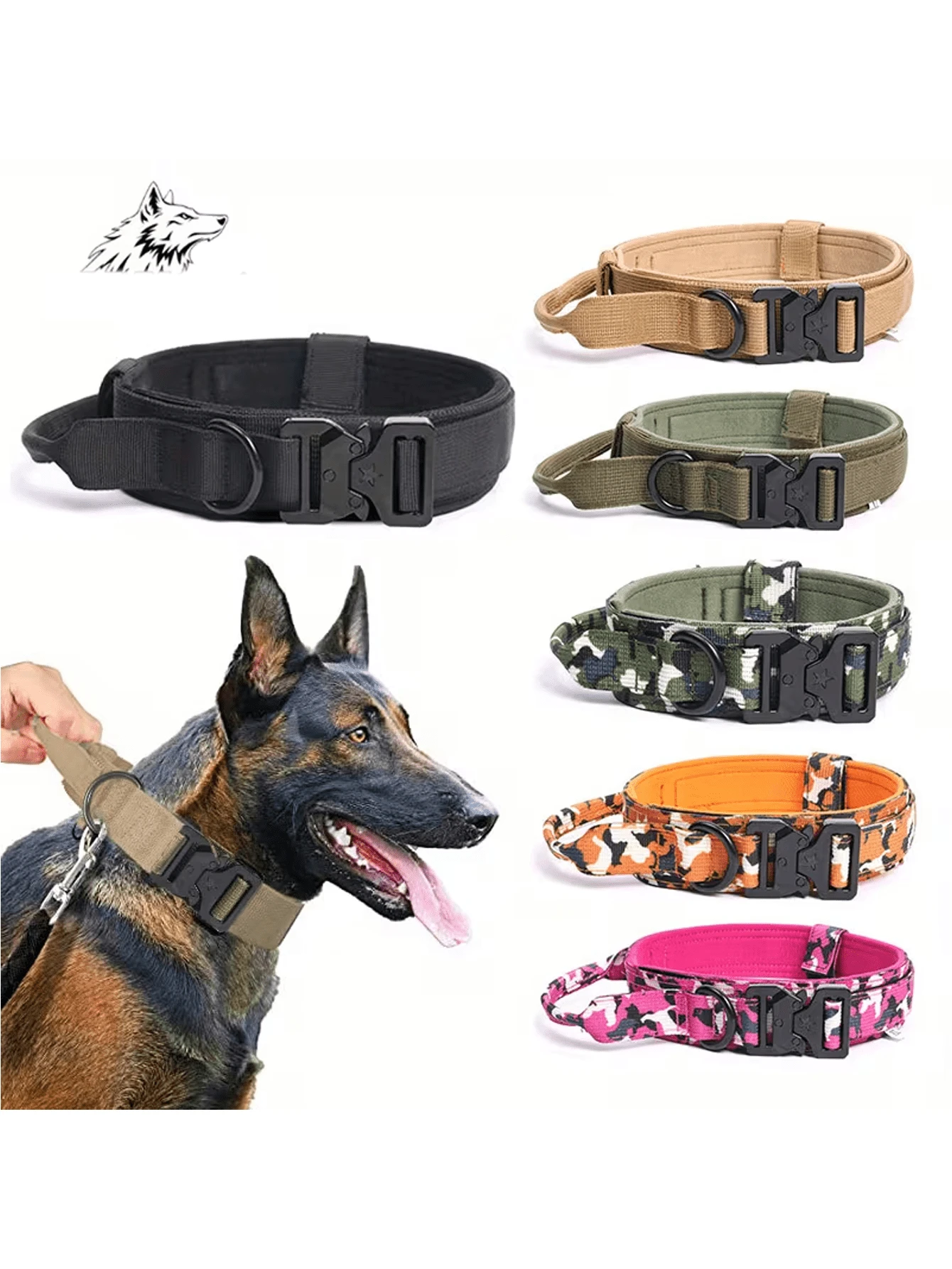 Tactical Dog Collar With Handle Heavy-Duty Metal Buckle Strong Training Collar Adjustable For Medium To Large Dogs. - 玫瑰紅迷彩 - 查看 1