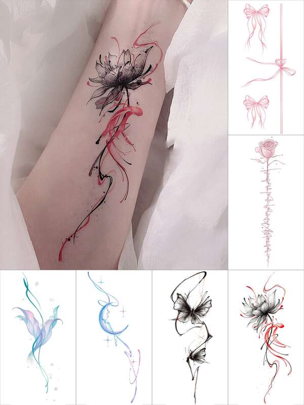 INKARTLINK INKARTINK 2~6张彩色水彩花卉、蝴蝶和奇幻图案临时纹身贴纸，逼真仿真纹身，可持续2-5天，独特设计，适合派对、送给女性的礼物，也适合情人节。