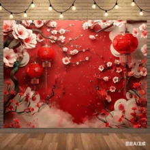 二维平面横幅，中国新年派对背景，节日红灯笼，中国春节庆祝红灯笼花卉摄影背景，新年派对 - 1個 - 查看 8