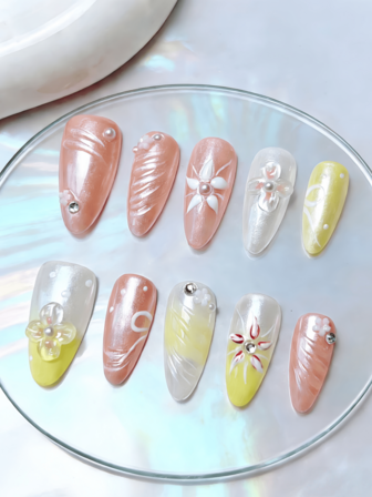 10 piezas de uñas postizas acrílicas hechas a mano con diseño de puntos en rosa, blanco y marrón con forma de almendra, estilo francés, chic y lindo para mujeres y niñas