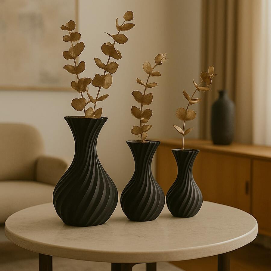 Set Of 3 Modern Spiral Decorative Vases For Living Room Or Bedroom – Minimalist And Elegant Design - 黑色 - 查看 1