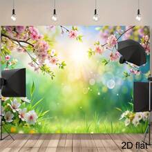 لوحة جدارية مسطحة الأبعاد، قطعة واحدة من زهور الكرز الناعمة ذات الألوان الربيعية والعشب الأخضر - لوحة مسطحة خفيفة الوزن بألوان وردية/صفراء/زرقاء/بيضاء/خضراء فاتحة، مناسبة لديكور عيد الفصح وحفلات عيد الميلاد وحمام الطفل وخلفية استوديو التصوير (لوحة مسطحة الأبعاد)