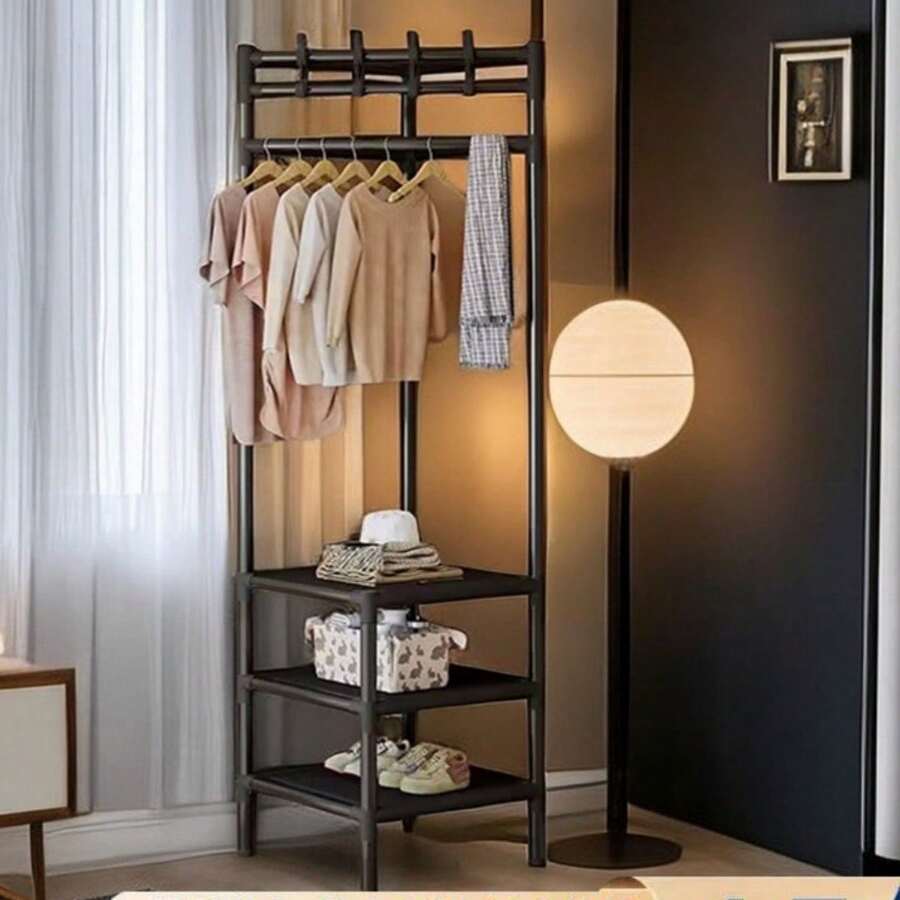 1pc 2/3-Tier Freestanding Coat Rack, Floor Standing Clothes Rack With Space-Saving Hooks And Shelves Design, Easy Assembly, Suitable For Entryway, Bedroom, Closet, Balcony, Black & White - Multicolor - View 1