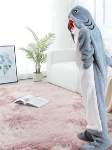 卡通鲨鱼睡袋，法兰绒睡衣，现代风格，柔软涤纶面料，可机洗，家居服，浴袍主题，针织面料 - 彩色 - 查看 2