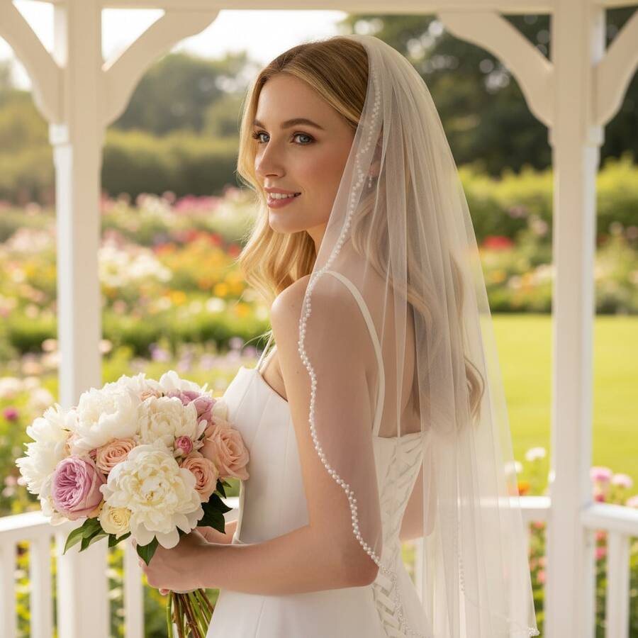 1件手工串珠新娘头纱，饰有仿珍珠边，婚礼发饰 - 彩色 - 查看 1