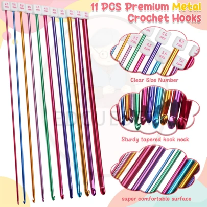 EDCUEBE7 Set de 11 ganchos de crochet tunecino, ganchos de crochet de aluminio multicolor para afganos, de talla 2mm a 8mm, suministros de alta calidad para tejer y croché para principiantes y artesanos