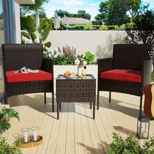 3-Piece Outdoor Rattan Seating Set, Modern Bistro Collection With Coffee Table In Brown-Beige - Brown - View 7