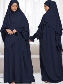 2pcs Set Double Layer Tie Headscarf Khimar + Loose Comfortable Abaya, Convenient For Prayer, Suitable For Muslim Women's Daily Wear And Prayer, All Season - Nhiều màu - Xem 2