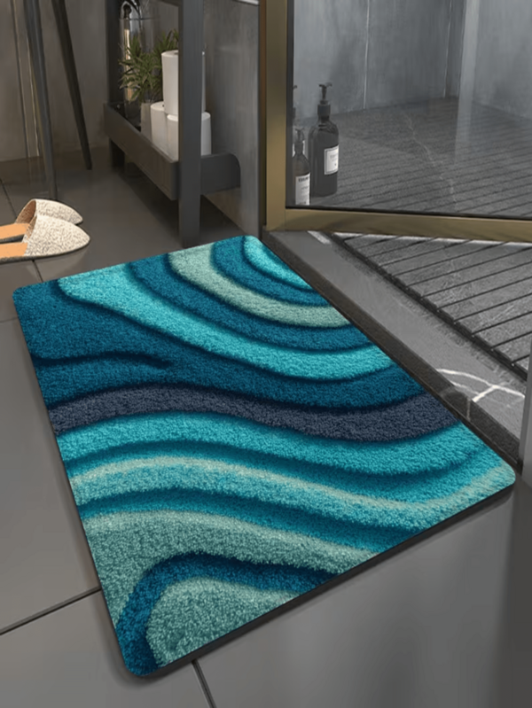 1 pieza Alfombra de baño moderna con patrón de olas azules - Suave y cómoda, altamente absorbente; Adecuada para baño, ducha, cocina, entrada y vestíbulo - Regalo ideal para inauguración de casa u ocasiones festivas; Diseño abstracto; Decoración del hogar para días festivos
