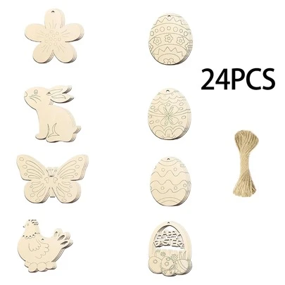 Bộ 8/24 món đồ trang trí Phục Sinh bằng gỗ chưa hoàn thiện để tô vẽ, bao gồm dây dài 10m, 8 kiểu đồ trang trí rỗng tự làm như trứng, thỏ, bướm, hoa và gà, dùng để làm đồ thủ công và trang trí treo.