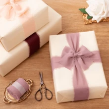 4pcs Powder Chiffon Ribbon For Flower Bouquet, 4cmx5m Fabric Ribbon For Gift Wrapping, Handmade Frayed Ribbon For Wedding/Christmas Decorations,Handmade Chiffon Silk Ribbon Fringe,Burgundy Chiffon Ribbon For Flower Bouquet, Fabric Ribbon For Gift Wrapping, Burgundy Frayed Edges Ribbons For Wedding Invitations Bridal Bouquets Gifts - Pink - View 3