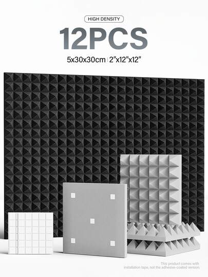 12片装 12英寸 x 12英寸 x 2英寸吸音泡沫板 - 阻燃吸音隔热泡沫，用于减少回声和控制噪音 - 适用于录音室、办公室、音乐厅和家居装饰 - 带双面胶