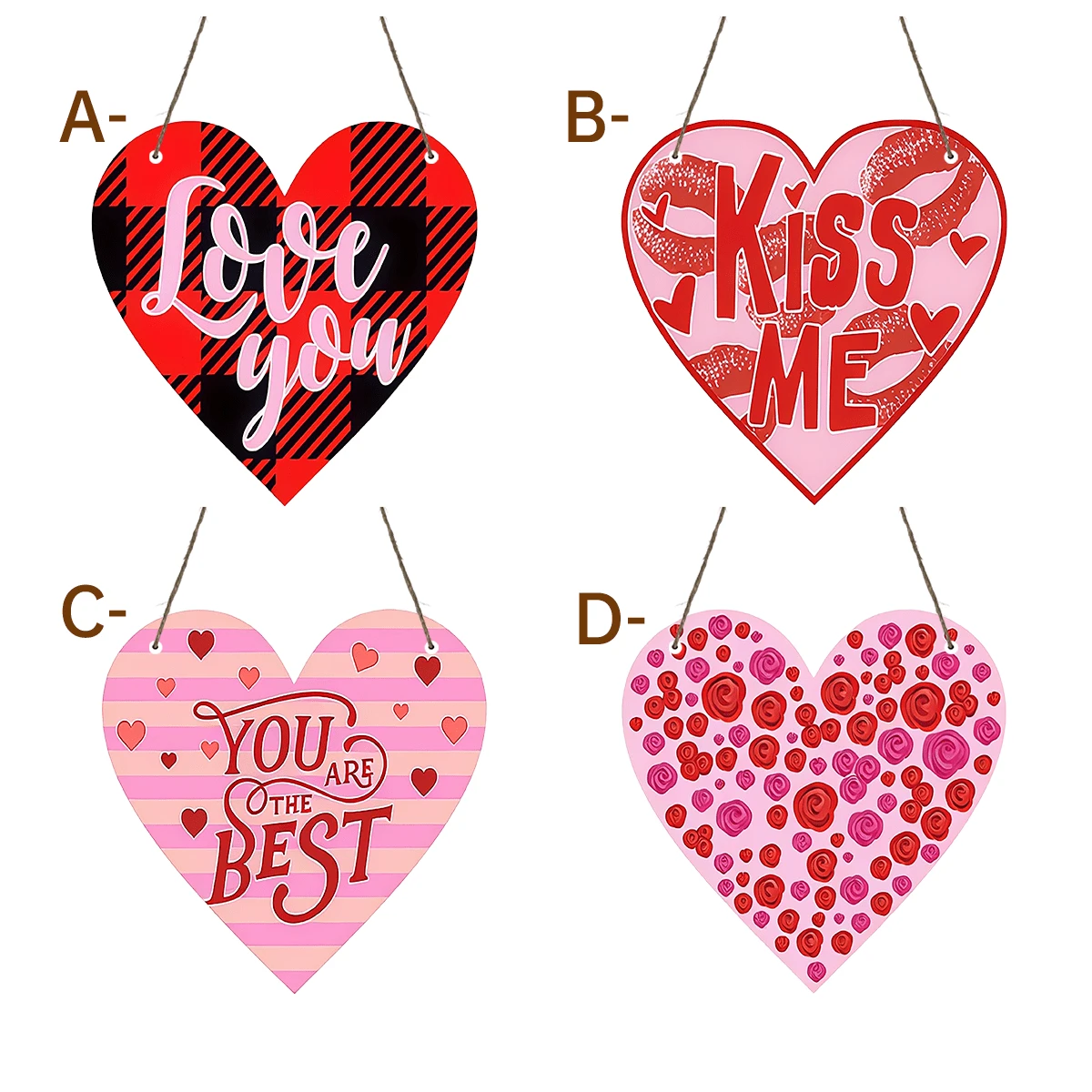 心形装饰挂件，情感象征软装，通过格子、唇印、玫瑰元素和简洁的文字表达爱意，亲密关系中常见的情感纽带物品