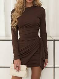 Women's Fashionable Brown Round Neck Long Sleeve Mini Dress, Elegant Fitted Knit Fabric, Pleated Pencil Skirt Hem