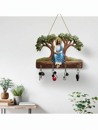 1pc Jesus-Themed Wooden Key Holder, Wall-Mounted Key Rack, Wall-Mounted Storage Rack, Wooden Hook Wall Decor, Decorative Key Holder, Multi-Function Hooks (Easy Installation), Jesus Pattern, Wooden Grain Appearance, Suitable For Entryway, Office, Living Room, Bedroom, Kitchen, Wardrobe Storage, Room Decor, Home Decor.
