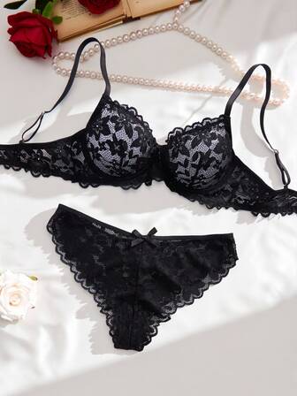 2 piezas Conjunto de lencería sexy negra para mujer, sujetador de encaje floral y panty transparente de talle bajo, cómodo, adecuado para el Día de San Valentín y Navidad
